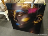 1 OF 3 ACRYLIC PRINTS OF A WOMAN WITH GOLD, PINK, AND BLUE PAINTED FACE ACCENTS. EACH MEASURES 31.5