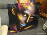 1 OF 3 ACRYLIC PRINTS OF A WOMAN WITH GOLD, PINK, AND BLUE PAINTED FACE ACCENTS. EACH MEASURES 31.5