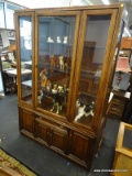 CHINA CABINET WITH 3 INTERIOR GLASS SHELVES, 1 LOWER CENTER DRAWER OVER 2 DOORS, AND 2 LOWER SIDE