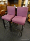 PAIR OF PURPLE UPHOLSTERED HIGH TOP CHAIRS WITH BLACK PAINTED LEGS. EACH MEASURES 17 IN X 19 IN X 40