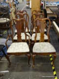 THOMASVILLE MAHOGANY DINING CHAIRS. TOTAL OF 6. CHAIRS HAVE FIDDLE BACKS, WHITE UPHOLSTERED SEATS,