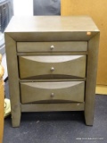 MODERN NIGHT STAND WITH 3 DRAWERS AND PEWTER FINISH PULLS. MEASURES 23 IN X 17 IN X 28 IN. SOLD AS