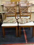 SET OF 4 CHERRY DINING CHAIRS WITH X CROSS BACKS AND UPHOLSTERED SEAT CUSHIONS. MEASURES 19 IN X 20