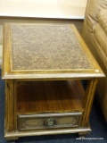 2 DRAWER COFFEE TABLE WITH FORMICA BIRDS EYE MAPLE TOP AND LOWER SHELF. MEASURES 56 IN X 21 IN X 16