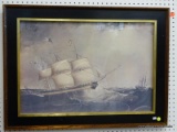 FRAMED SHIP PRINT OF A POSSIBLY 18TH CENTURY SAILING SHIP. IS IN A BLACK AND GOLD TONED FRAME AND