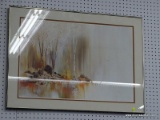 FRAMED WATERCOLOR STYLE ARTWORK OF A SHORE SCENE IN HUES OF ORANGE, YELLOW, AND RED. IN A SILVER