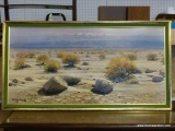 OIL ON BOARD OF A DESERT SCENE WITH SNOW MOUNTAINS IN THE BACKGROUND. POSSIBLY SOMEWHERE IN