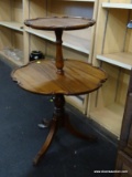 MAHOGANY 2 TIER BUTLERS TABLE WITH ACANTHUS LEAF CARVED FEET AND PIE-CRUST EDGING. MEASURES 21 IN X