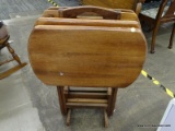 SOLID MAHOGANY TV DINNER TABLES WITH STAND. FOLD FOR EASY STORAGE! STAND MEASURES 12 IN X 12 IN X 32