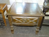 PINE END TABLE WITH 1 DRAWER WITH A TEARDROP PULL. MEASURES 25 IN X 25 IN X 21 IN. ITEM IS SOLD AS