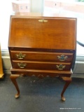 CHERRY FALL FRONT DESK WITH 2 LOWER DRAWERS WITH BRASS PULLS, AN INTERIOR DRAWER AND CUBBY HOLE