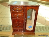 TABLE TOP JEWELRY CHEST WITH 5 DRAWERS AND 1 DOOR WITH AN ETCHED FLORAL PATTERN. MEASURES 11 IN X 6