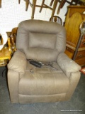 LIFT CHAIR WITH HEAT, LOCK/UNLOCK, AND MASSAGING CAPABILITIES. HAS A BROWN SUEDE UPHOLSTERY AND