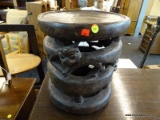 AFRICAN ART MADE STOOL WITH CARVED SIDES. MEASURES 13 IN X 14 IN. HAS A CRACK IN THE SEAT. SOLD AS