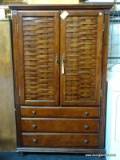 MAHOGANY GENTLEMANS ARMOIRE WITH 2 WOVEN STYLE PANEL DOORS, 2 INTERIOR SHELVES, 3 LOWER STORAGE
