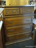 AMERICAN BRAND TALL CHEST WITH 5 DRAWERS AND BRASS KNOB STYLE PULLS. MEASURES 39 IN X 19 IN X 48 IN.