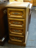 4 OAK DRAWER END TABLE / NIGHTSTAND WITH BRASS PULLS. MEASURES 13 IN X 18 IN X 30.5 IN. SOLD AS IS,