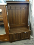 HALL TREE WITH 4 UPPER COAT HANGING HOOKS, MAHOGANY BONES AND A LOWER SEAT WITH 2 DRAWERS. MEASURES