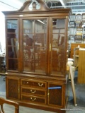 DREXEL CHINA CABINET WITH BROKEN ARCH PEDIMENT TOP, SHELL CARVED CREST, 3 UPPER GLASS PANED DOORS