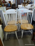 SET OF 4 WHITE AND MAPLE PLANK BOTTOM AND ARROW BACK CHAIRS WITH STRETCHER BASES. EACH MEASURES 21