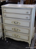 CREAM COLORED 4 DRAWER CHEST OF DRAWERS WITH GOLD TONED ACCENTS. MEASURES 33 IN X 18 IN X 42 IN.