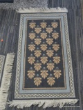 AREA RUG IN HUES OF BLUE, CREAM, AND PINK. MEASURES 2 FT X 3 FT 4 IN. SOLD AS IS, WHERE IS, WITH NO