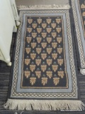 AREA RUG IN HUES OF BLUE, CREAM, AND PINK. MEASURES 2 FT X 3 FT 4 IN. SOLD AS IS, WHERE IS, WITH NO