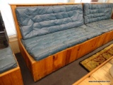 PINE AND BLUE LEATHER CUSHION BOOTH SEAT WITH REMOVABLE CUSHIONS. IS 1 OF A PAIR AND MEASURES 62 IN