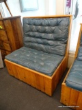 PINE AND BLUE LEATHER CUSHION BOOTH SEAT WITH REMOVABLE CUSHIONS. MEASURES 39.5 IN X 30 IN X 37 IN.