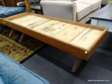 PINE AND BLUE LEATHER CUSHION BENCH. IS 1 OF A PAIR. MEASURES 57 IN X 19.5 IN X 16.5 IN. NEEDS