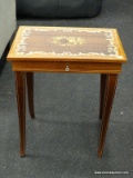 ITALIAN WOODEN INLAID MUSIC BOX TABLE JEWELRY SEWING BOX WITH DIVIDED INTERIOR. HAS KEY. MEASURES 15