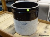 ANTIQUE BROWN AND GRAY SALT GLAZED CROCK. MEASURES 12 IN X 13 IN. ITEM IS SOLD AS IS WHERE IS WITH