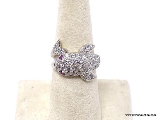 .925 AAA TOP QUALITY DOLPHINE 1.65 CT 39 WHITE SAPPHIRE; WITH PINK RED RUBY EYES SIZE 7 RING *NEW*