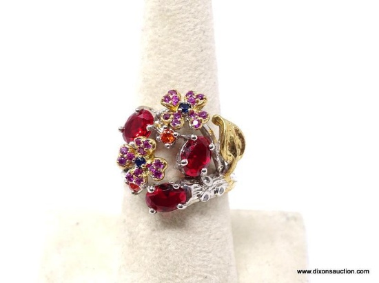 .925 GOLD ACCENTS; AAA TOP QUALITY DESIGNER WHEATED RED GARNETS; PINK, RED, ORANGE, BLUE SAPPHIRES;