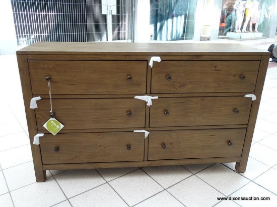 ASPENHOME TILDON 6 DRAWER DRESSER IN MINK WITH FELT-LINED TOP DRAWERS, CEDAR-LINED BOTTOM DRAWERS.