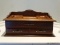 (UPHALL) MAHOGANY JEWELRY ORGANIZER WITH DIVIDED TOP SECTIONS AND 2 DRAWERS. MEASURES 14 IN X 7 IN X