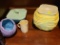 (BAS) LOT OF ASSORTED POTTERY ITEMS TO INCLUDE A LIDDED JAR, A CUP, A PURPLE EGG STYLE VASE, AND A