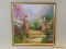 (DWN BED) OIL ON CANVAS OF A GARDEN WALKWAY WITH HUES OF PURPLE, PINK, RED, AND BLUE SURROUNDING THE