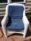 (OUT) WHITE WICKER ARM CHAIR WITH BLUE CUSHION BACK & SEAT. MEASURES 30 IN X 35 IN X 36 IN. ITEM IS