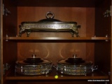 (FAM) SET OF 3 SILVER PLATED AND PIERCED SIDE CHAFING DISHES. ITEM IS SOLD AS IS WHERE IS WITH NO