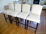 (KIT) SET OF 4 BARSTOOLS WITH SILVER TONE STUDDING AND CREAM COLORED UPHOLSTERY. EACH HAS MAHOGANY