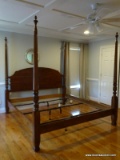 (BED 1) HARDEN FURNITURE CO. 4 POSTER KING SIZE BED WITH WOODEN RAILS AND METAL SLAT SUPPORTS.