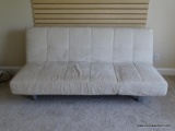 (BED 2) MODERN OFF-WHITE UPHOLSTERED FUTON WITH SILVER TONE LEGS. MEASURES 77 IN X 38 IN X 35 IN.
