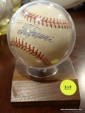 (BAS) AUTOGRAPHED BASEBALL IN CASE. SIGNATURE IS UNCLEAR. ITEM IS SOLD AS IS WHERE IS WITH NO