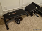 (GYM) WEIDER PRO BRAND WEIGHT BENCH. IS ADJUSTABLE. MEASURES 18 IN X 54 IN X 22 IN. ITEM IS SOLD AS