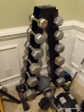 (GYM) YORK WEIGHT STAND WITH WEIGHTS TO INCLUDE 6 PAIR OF YORK DUMBBELLS RANGING IN WEIGHT FROM 10