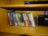 (GYM) SHELF LOT OF EXERCISE DVD'S TO INCLUDE TITLES SUCH AS 30-MINUTES TO FITNESS, ABCRUNCH, RIPPED