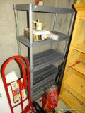 (FURN) 5 SHELF GRAY PLASTIC STORAGE UNIT. MEASURES 35 IN X 18 IN X 71.5 IN. ITEM IS SOLD AS IS WHERE