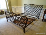 (DWN BED) WROUGHT IRON QUEEN SIZE BED WITH IRON RAILS AND SLATS. MEASURES 71 IN X 85 IN X 48 IN.