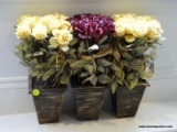 (DWN BED) SET OF 3 ARTIFICIAL POTTED FLOWER BOUQUETS. 2 ARE CREAM AND 1 IS MAROON IN COLOR. EACH